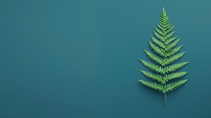A single green fern leaf on a teal background, positioned to the right with ample negative space on the left.