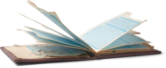 close-up of old worn out phone book lying open isolated white background, dark reddish brown textured leather cover and damaged frayed edges and yellowish pages, side view