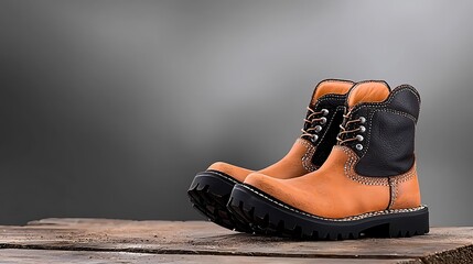 Stylish brown leather boots on a wooden surface with a blurred gray background
