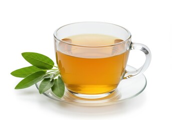 Refreshing Sage Tea Herbal Drink in Glass Cup Healthy Beverage Hot Warm Green Plant Aroma Yellow
