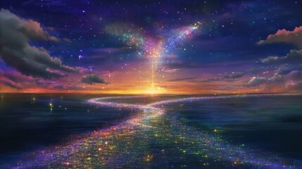 Celestial ocean sparkling galaxy descends at sunset