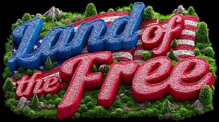 Colorful 3D Text Decoration with Land of the Free and American Flag Elements in Nature Setting