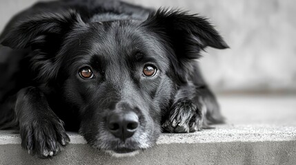 Pensive Black Dog Resting on Concrete Steps