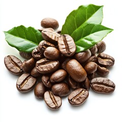 Obraz premium Aromatic Coffee Beans with Fresh Green Leaves on White Background Perfect for Morning Brews and Coffee Shops