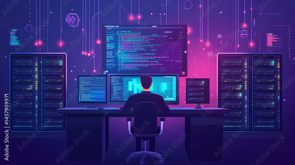 Poster high-tech data center server control: it specialist administrator working on computer, screen showin