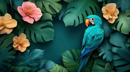 Fototapeta premium Vibrant Blue Parrot Amidst Lush Tropical Foliage