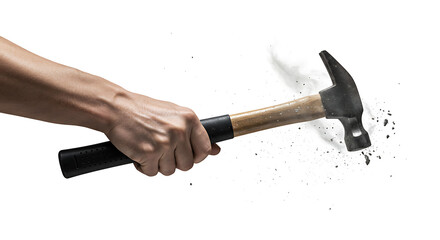 Hand wielding a claw hammer with debris flying from impact