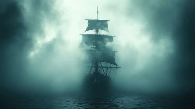 A ghostly tall ship emerges from a thick, eerie fog on a dark ocean, evoking mystery and adventure.