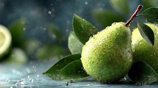 Fresh Green Fruit with Dew Drops and Vibrant Leaves