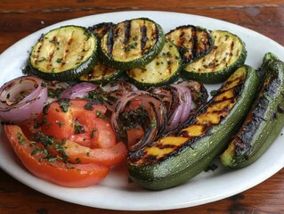 Grilled vegetables on white plate, zucchini, tomato, onion, healthy eating, vegetarian food, close up shot, studio lighting