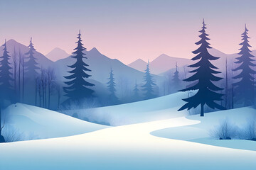 Fototapeta premium A tranquil winter landscape with snow-covered hills and pine trees.