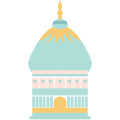 A stylized teal and pink temple with a gold-accented dome, circular decorations, and an arched entrance reflecting cultural aesthetics.