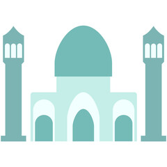 A stylized teal and light blue mosque with a grand central dome and two minarets, reflecting Islamic architectural elegance.