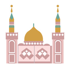 A stylized mosque with a central golden dome, two minarets adorned with geometric patterns, and an arched facade in pink and teal.
