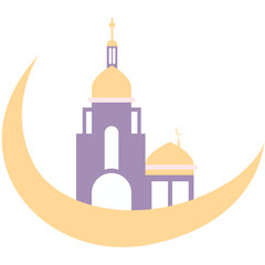 A stylized mosque with two golden domes and a minaret, enclosed within a large crescent moon in yellow.