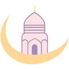 A pastel-colored mosque with a grand dome and arched entrance, elegantly framed by a crescent moon in soft yellow.
