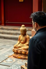 Buddha statue meditation temple asian culture spirituality travel destination religious tourism and man praying