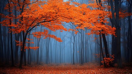 Fototapeta premium Autumn forest path, misty scene