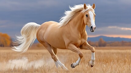 Obraz premium Majestic Palomino Horse Galloping Across Open Meadow Under Dramatic Sky