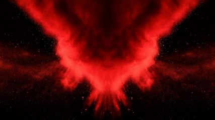 Explosive red powder burst. Slow motion movement acceleration in the beginning.  particles, Has alpha matte, Cg animation of red powder explosion on black background, dynamic motion, black background