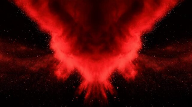 Explosive red powder burst. Slow motion movement acceleration in the beginning.  particles, Has alpha matte, Cg animation of red powder explosion on black background, dynamic motion, black background