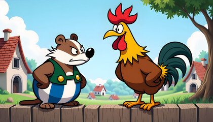 Cartoon characters arguing in a colorful farm setting  