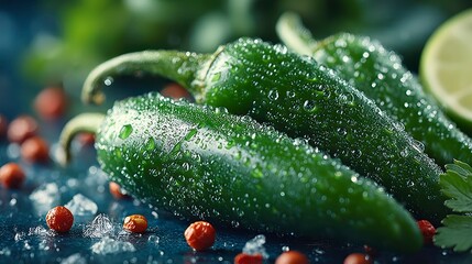 Fresh Green Peppers with Water Droplets and Ice Cubes for Culinary Use