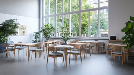 Coworking space with wooden furniture and many plants