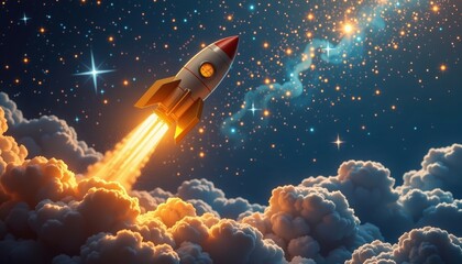 Safety financial progress concept. Rocket launching through clouds in a starry night sky.