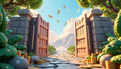 Safety financial progress concept. Imaginary gates leading to a wealth-filled landscape with flying money.