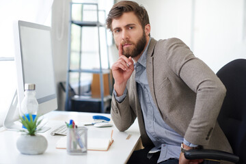 Portrait, confidence or businessman in startup on computer for copywriting, editing or creative...