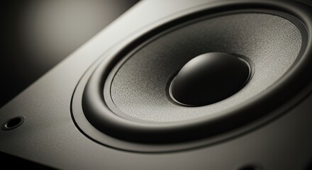 Close-up of a black speaker showcasing its cone, surround, and dust cap. Artistic lighting creates shadows and highlights, emphasizing texture and form.