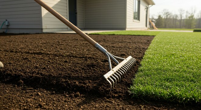 Using a rake to level dark brown soil next to a roll of bright green sod in a residential yard, preparing for a new lawn installation on a sunny day.