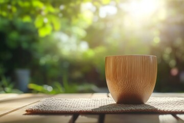 Wooden cup on a table with natural light and blurred background.