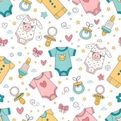 Adorable baby onesies, pacifiers, and tiny bows create a charming, colorful seamless pattern perfect for nursery decor or baby shower invitations.