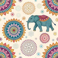 Ornate Elephant Mandala Pattern,Vibrant Colors,Intricate Designs,Walking Elephant,Floral Motifs,Bohemian Style,South Asian Inspired Art,Beautiful Seamless Textile Print