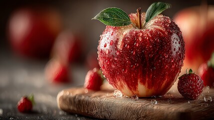 Fresh Red Apple with Water Droplets and Strawberries on Wooden Surface