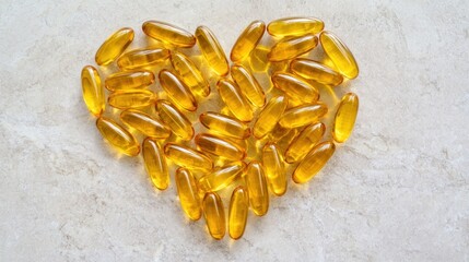 Golden capsules heart shape on marble health supplement