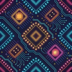 Vibrant Neon Circuit Board Design Glowing Microchips Interconnected Technology Abstract Digital Art Pattern Seamless Repeatable Background
