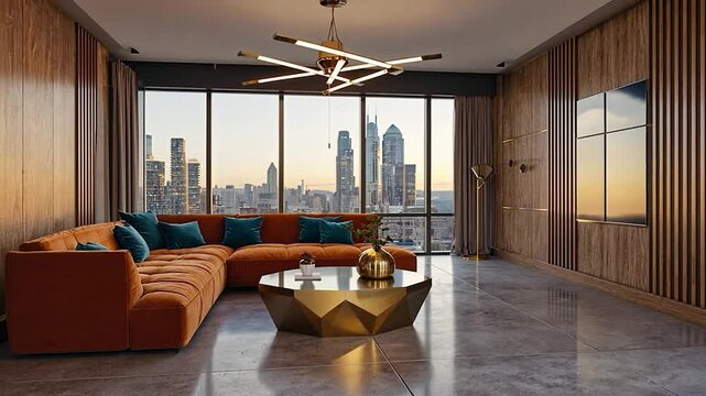 Modern city apartment living room with panoramic view