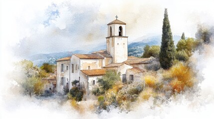 Watercolor painting of old church in serene landscape