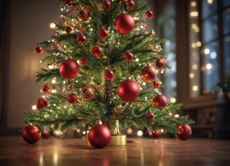 Ornate Christmas tree, vibrant baubles, bokeh lights ,  warm,  blurred