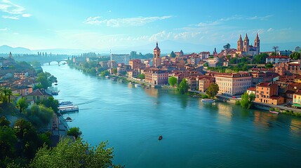 Fototapeta premium Idyllic european townscape with cathedral and boats along calm river high resolution photo