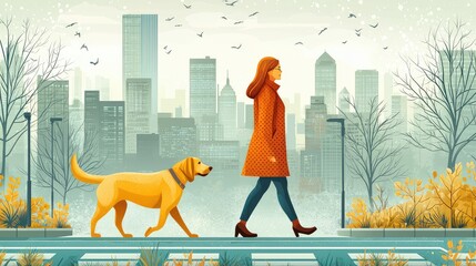 A woman walks her dog in a city on a fall day.  The scene depicts a woman in a  red coat, walking a golden retriever along a city street lined with autumnal foliage.  Soft light 