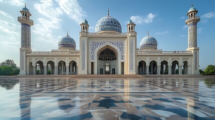 Islamic mosque with blue domes symmetry high resolution image