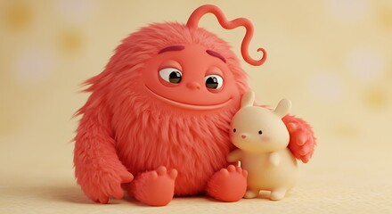Adorable 3D Render: Fuzzy Monster and Bunny Friend
