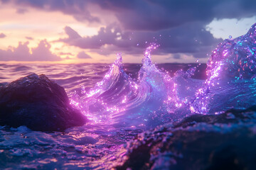 Fototapeta premium A vibrant, luminous wave crashing on a rocky shoreline at dawn.