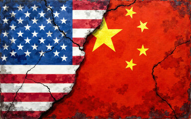 Cracked Texture Between USA and China Flags, Concept for Global Economic Conflict, International Trade Crisis Symbolism
