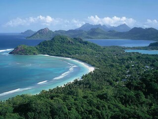 Obraz premium Aerial view of tropical beach and lush green island landscape in Seychelles, Indian Ocean, travel destination, paradise