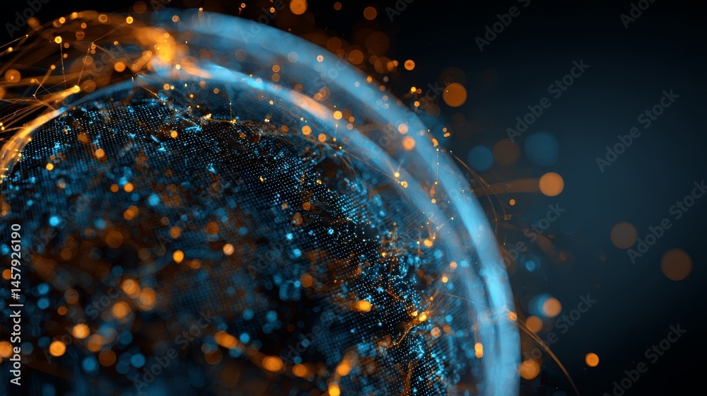 Poster global digital network visualization – 3d spherical data representation with binary overlay, interco